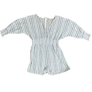 Pink Lily Striped Romper Blue White V Neck‎ Smocked Waist Size XS